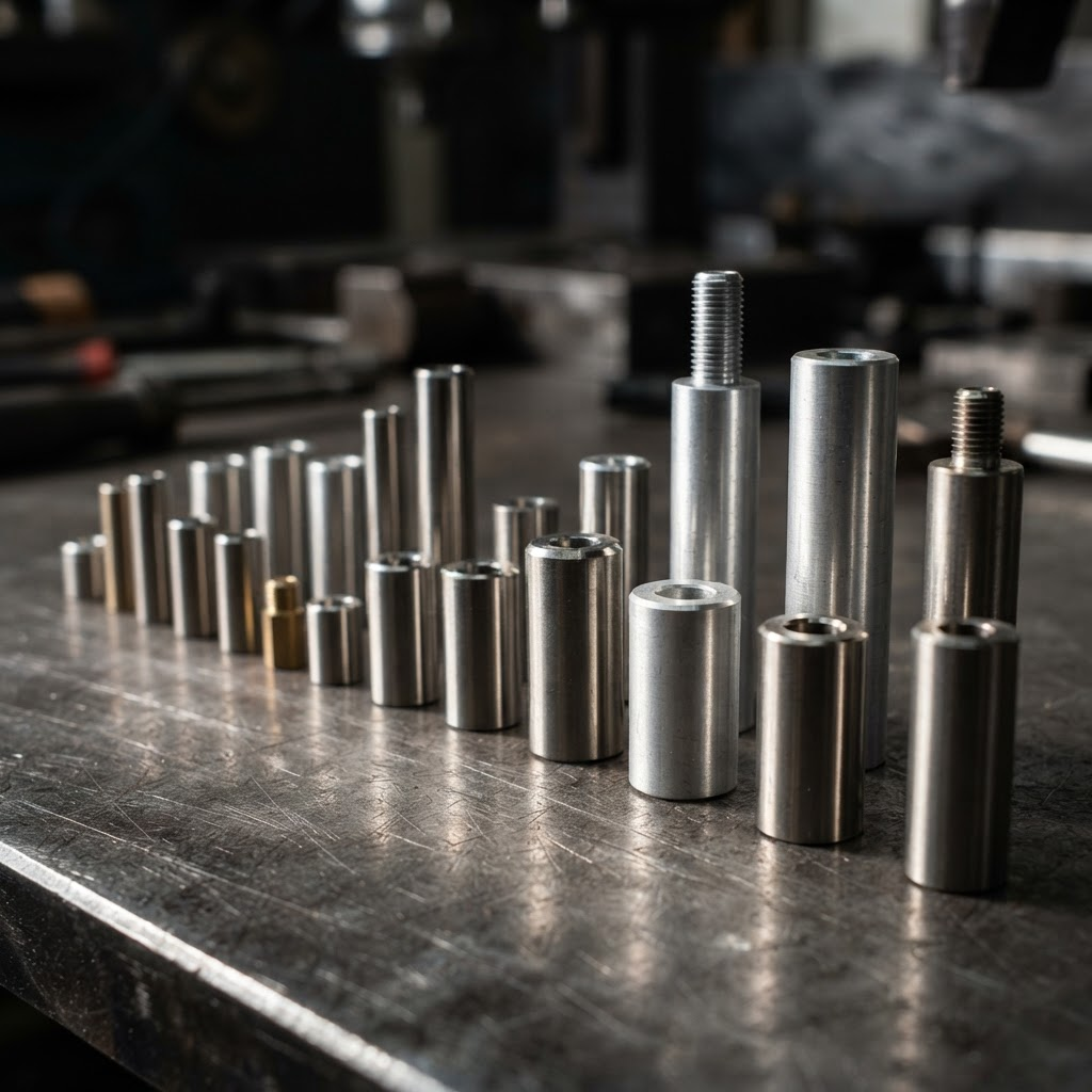 Assortment of precision-machined spacers arranged on a brushed steel surface